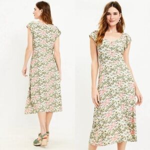 Loft Floral V-Neck Button Closure Midi Dress Short Sleeve 100% Rayon A line L